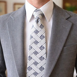 Vintage 70s Ladybug Label Knit Tie White Navy Diamond Pattern 4” Wide